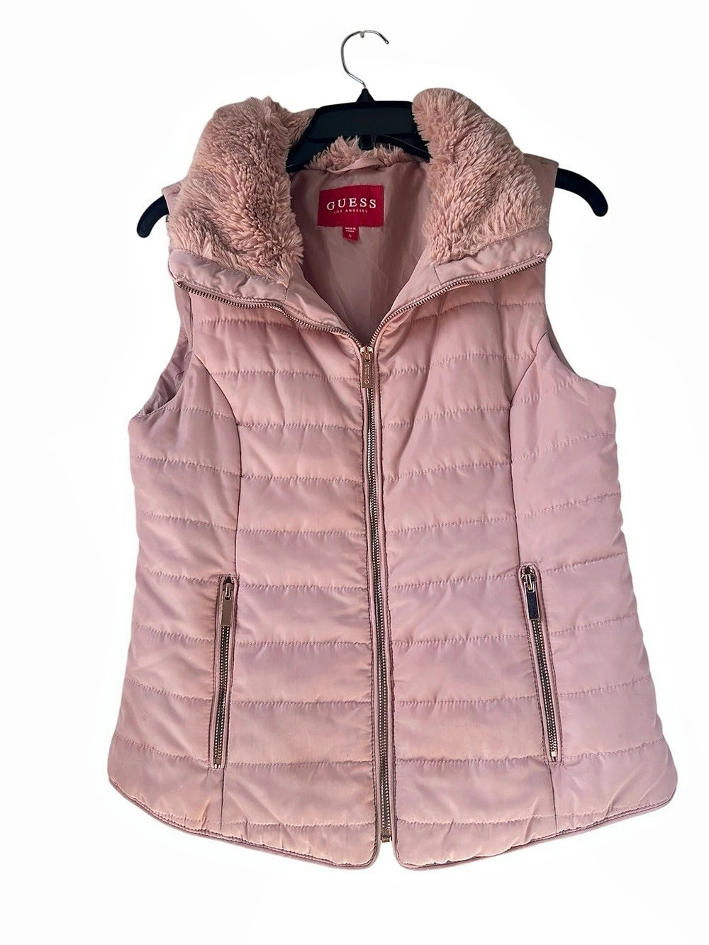 GUESS Quilted Faux Fur Collar Vest in Pink Size Small Like New